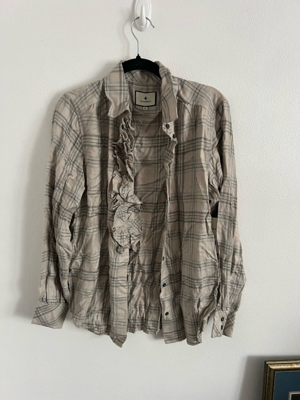 Tuckernuck Beige Plaid Ruffle Button-Down Shirt, size S and M - Picture 5 of 8